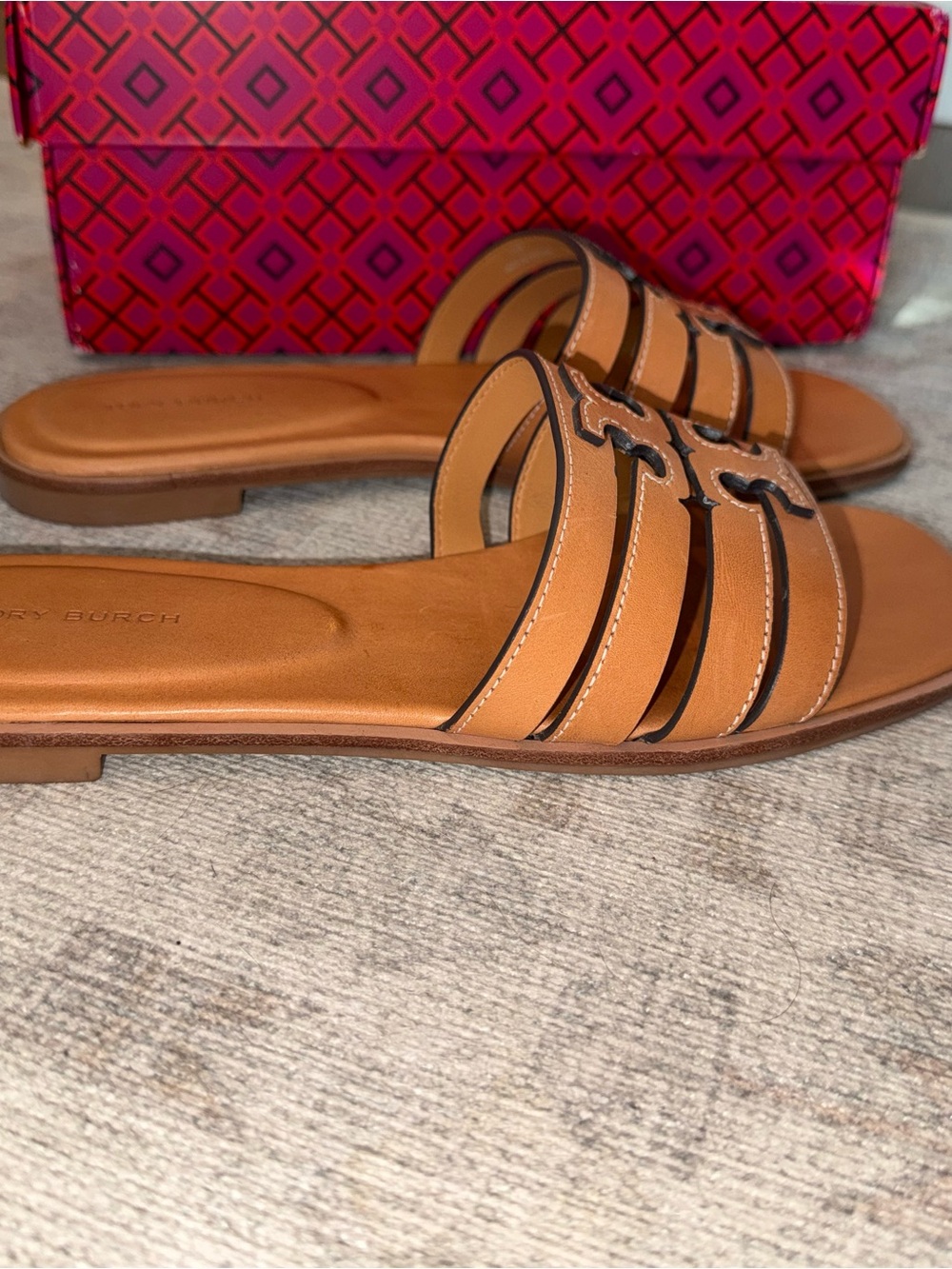Tory Burch Ines Cognac Leather Triple-Strap Slide Mules - Picture 7 of 16